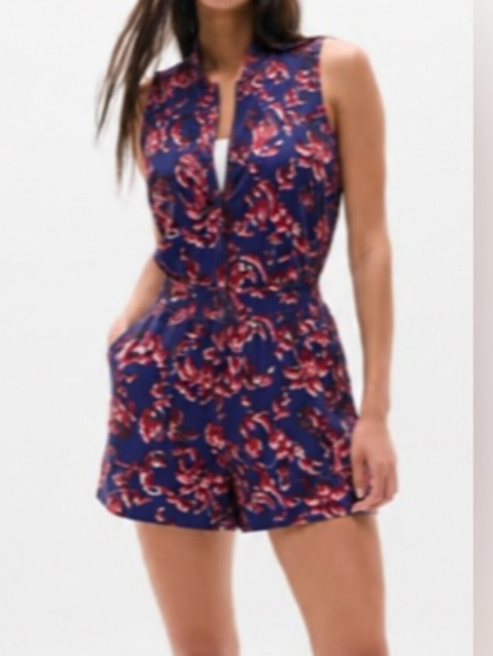 Athleta Brooklyn Utility Romper Blue And Red Floral Size 16 Excellent Condition